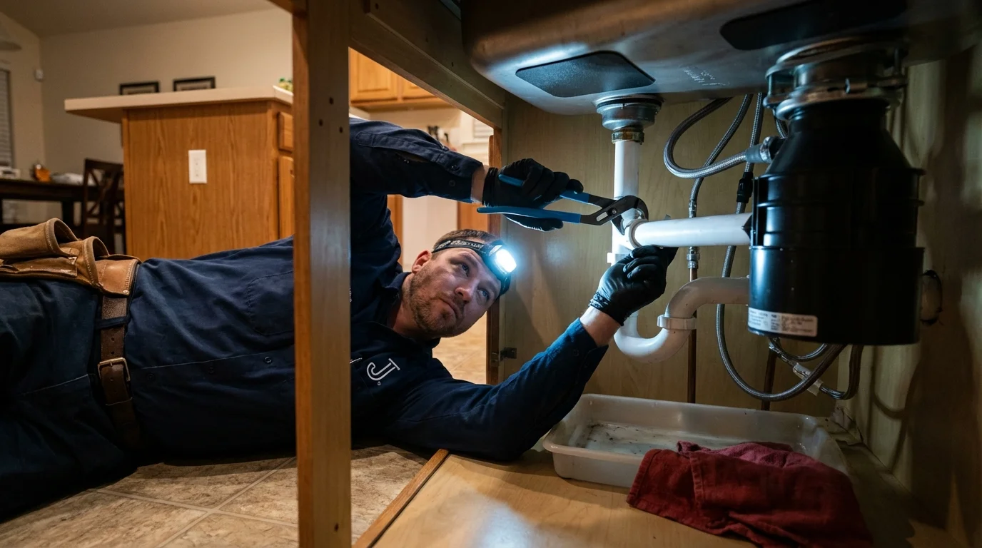 P-trap and supply line connections under a kitchen sink showing a common leak point in Greenup, KY